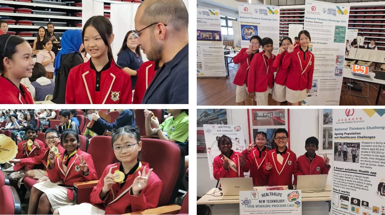 Collage of students in red blazers at a school event, chatting, posing by posters, and showing medals.